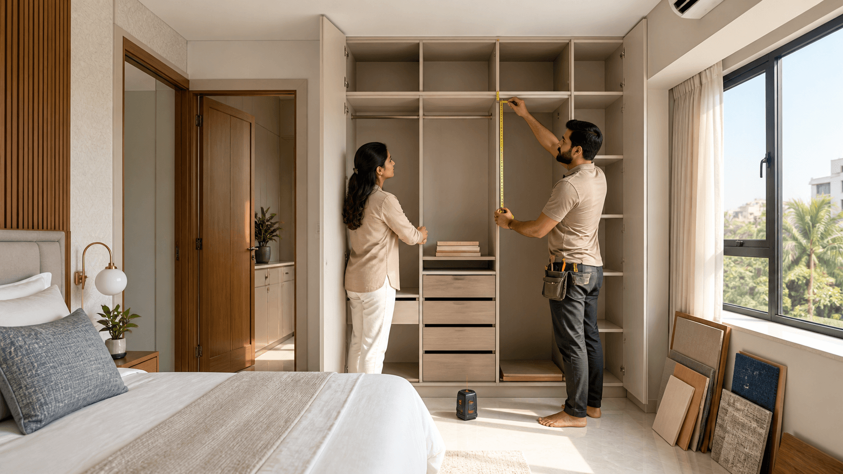 Bright modern apartment hallway with white custom cabinets, open drawers, measuring tape, and warm natural light.