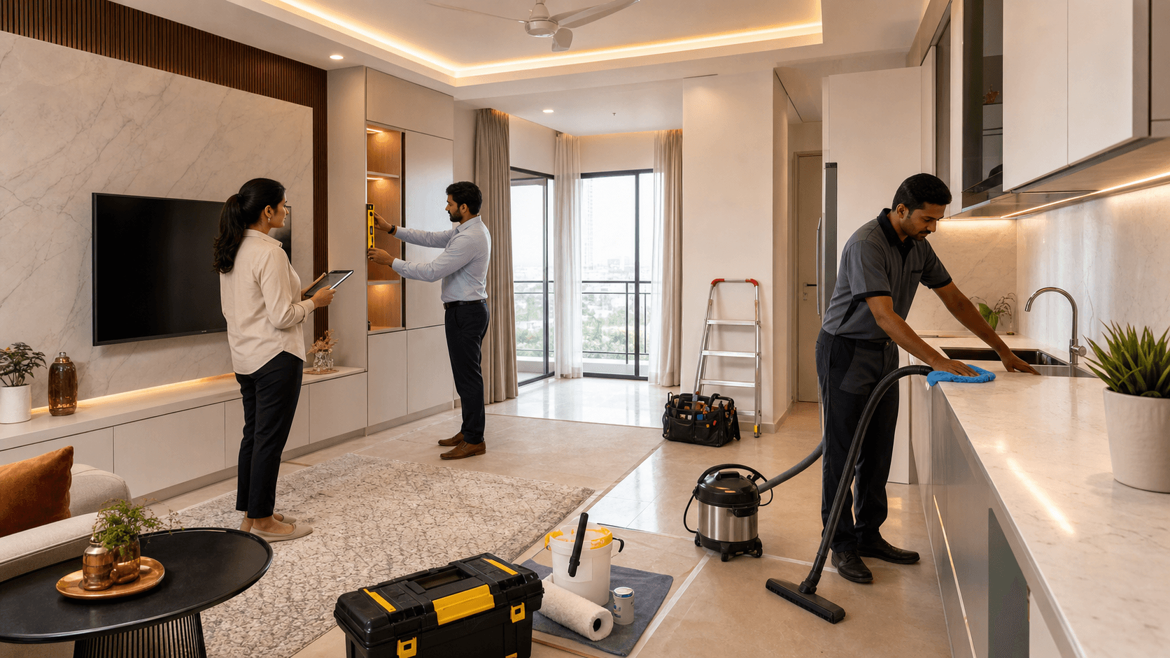 Sunlit modern apartment room with a clipboard checklist, tool kit, and cleaning supplies arranged on a table