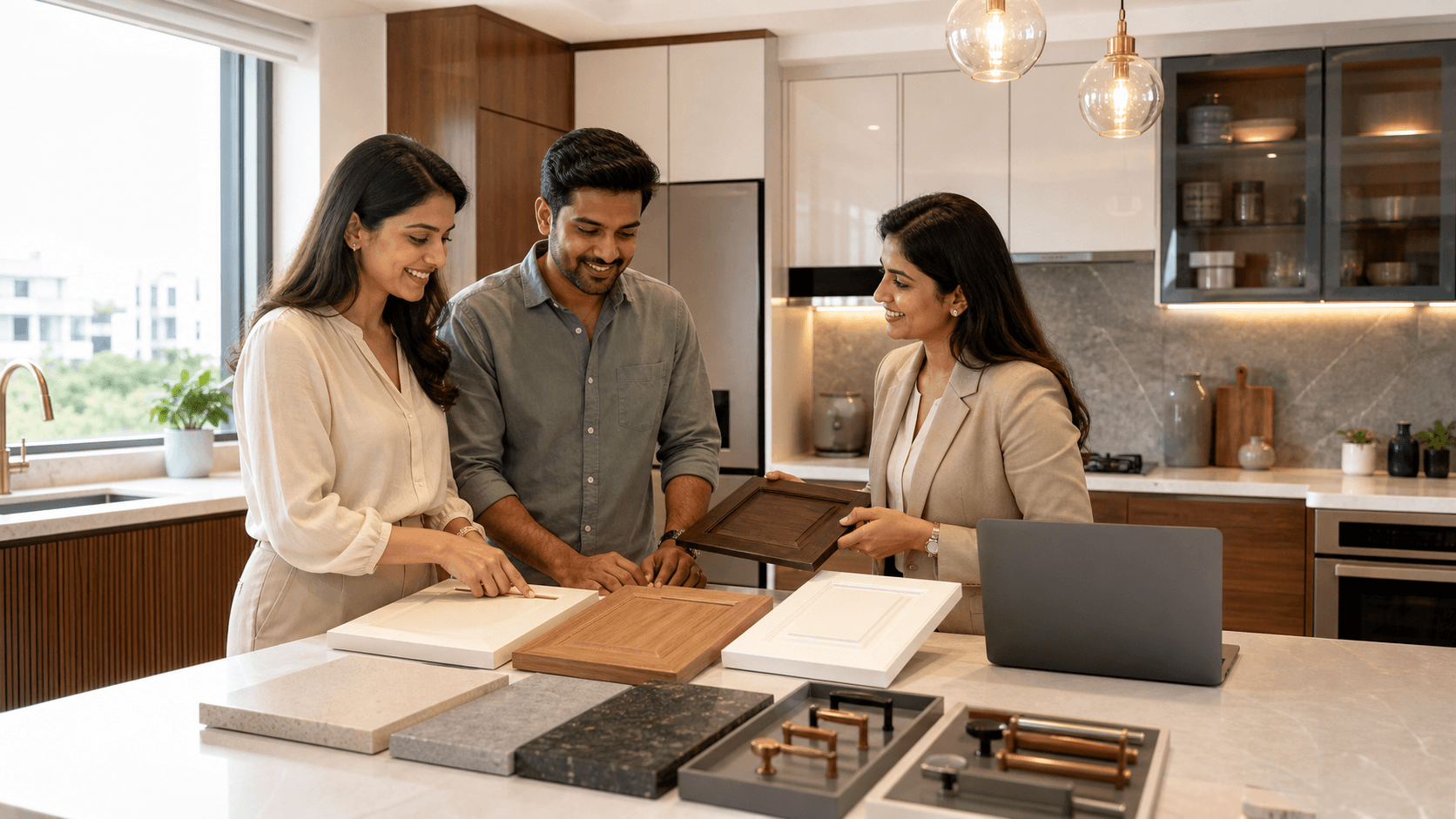 Modern modular kitchen showroom with sleek cabinets, countertops, and warm pendant lighting