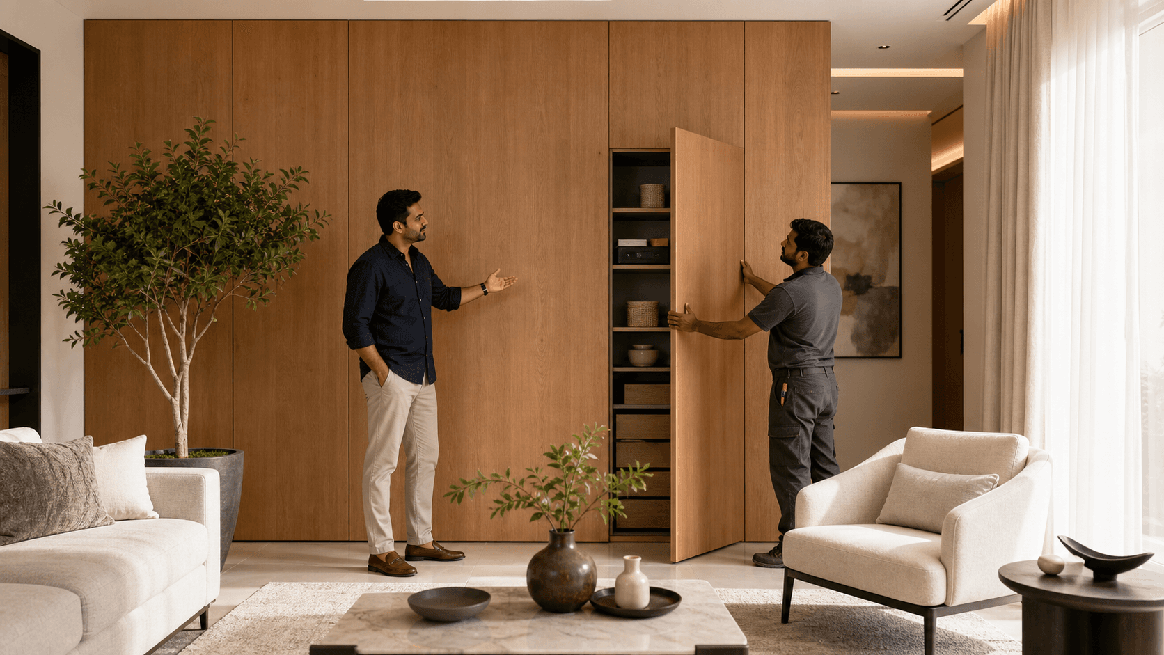 Modern Chennai living room with pale wood concealed cabinets, open shelves, and soft warm lighting.