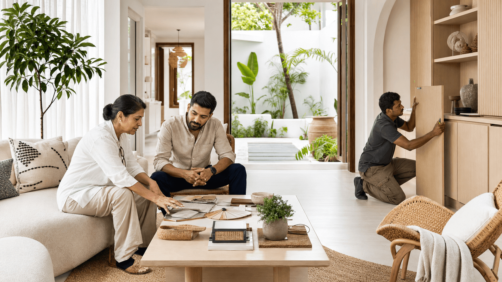 Sunlit modern villa living room with neutral beige tones, minimalist furniture, indoor plants, and airy open layout