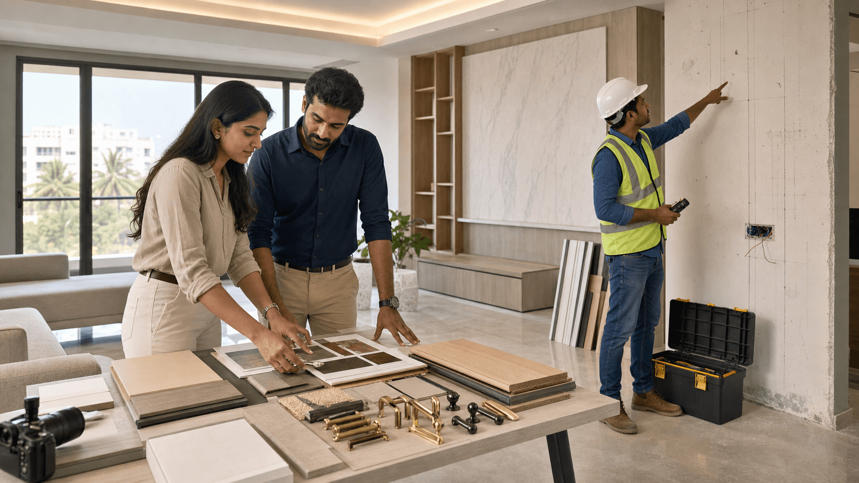 Modern living room scene with a clipboard checklist, pen, and blueprints on a desk in warm natural light