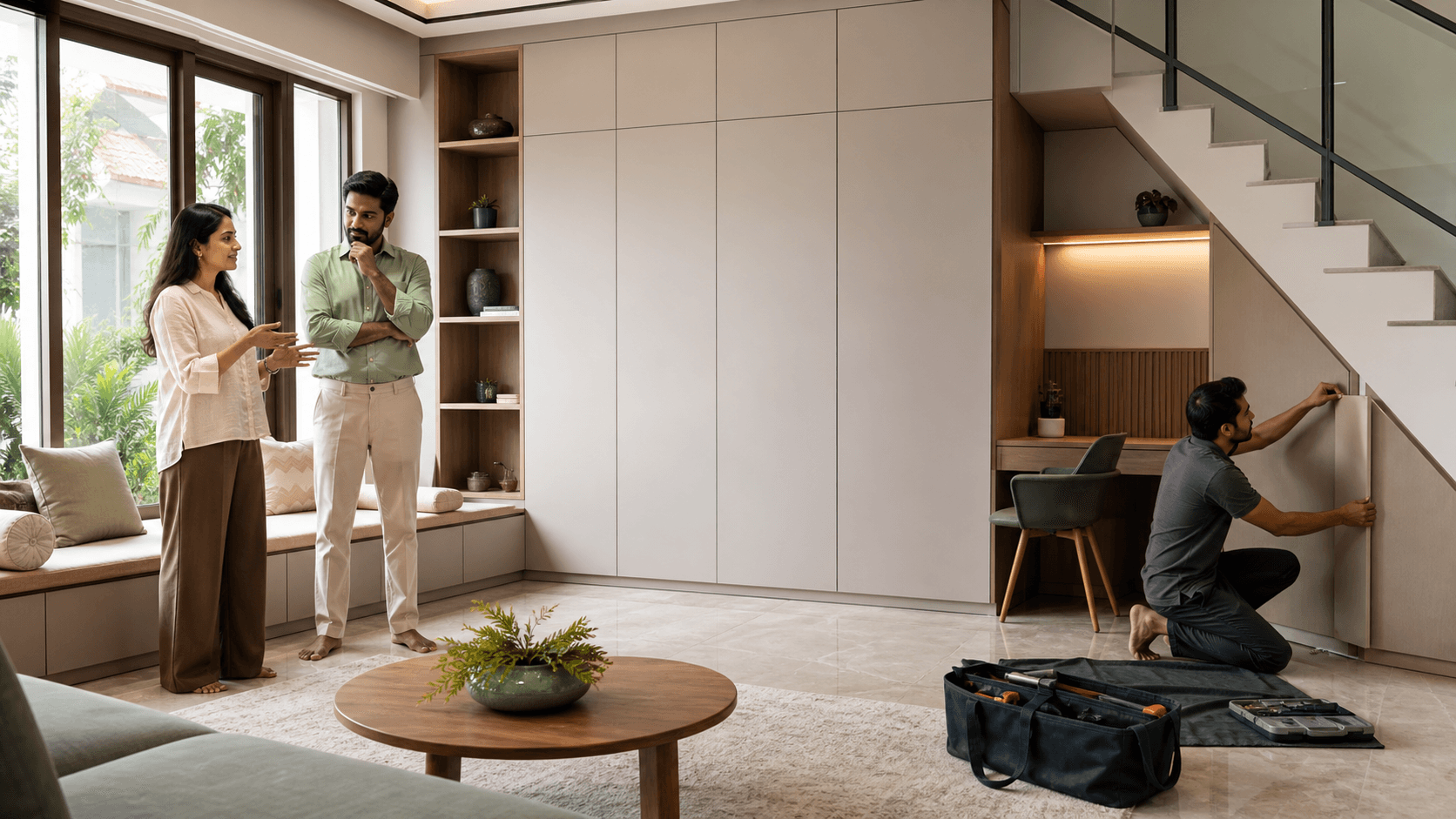 Sunlit modern villa living room with beige built-in cabinets, window seating, and a light wood floor in neutral tones