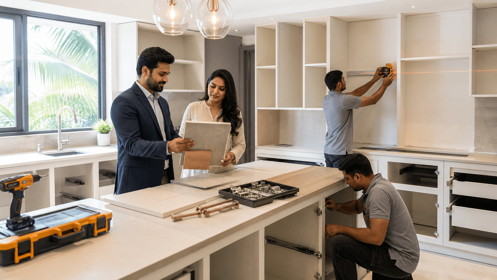 Modern modular kitchen interior with white cabinets, wood counters, pendant lights, and a designer with plans on a tablet