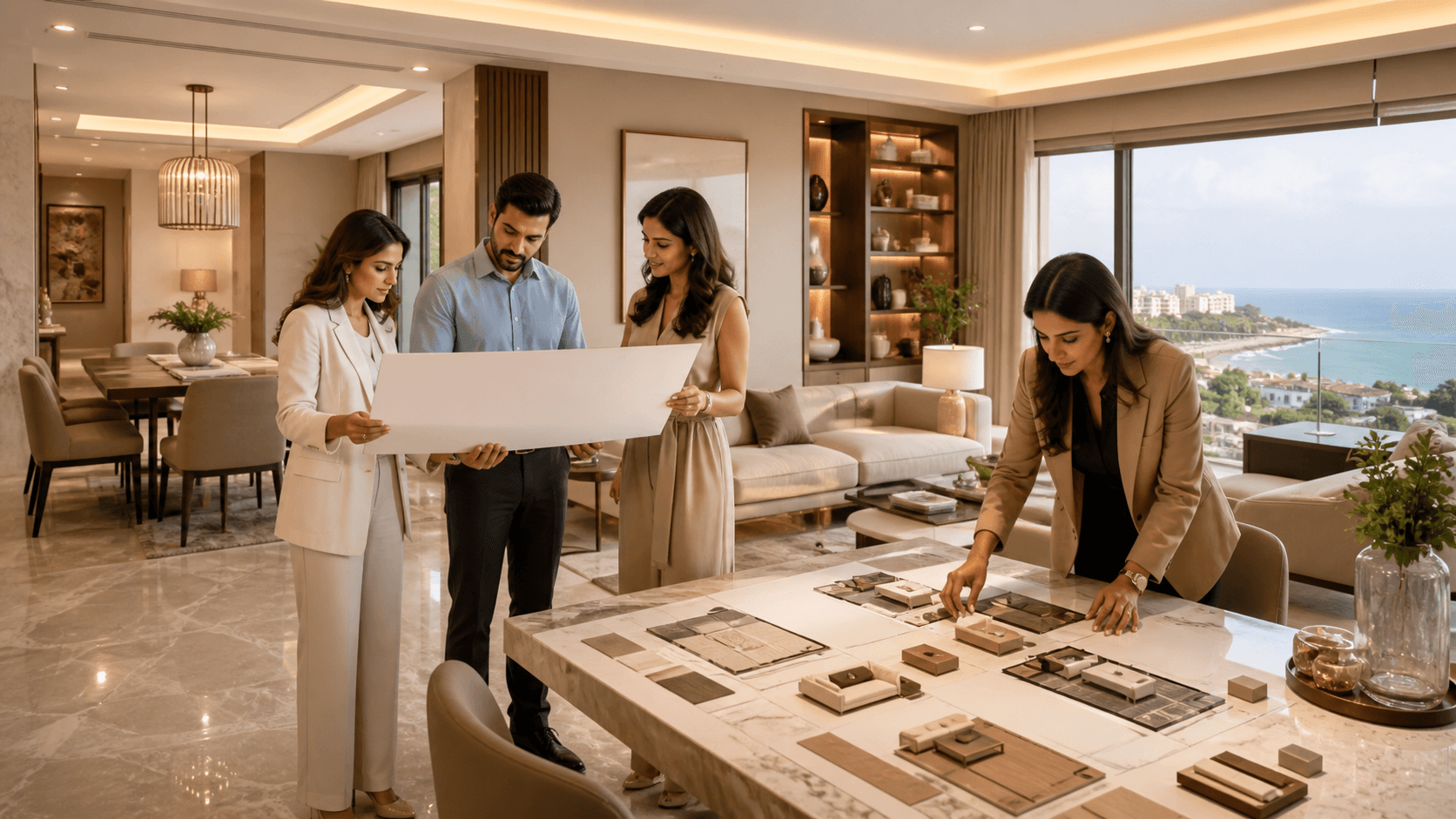 Modern apartment floor plan with furniture layouts, blue accents, and Chennai skyline in the background.
