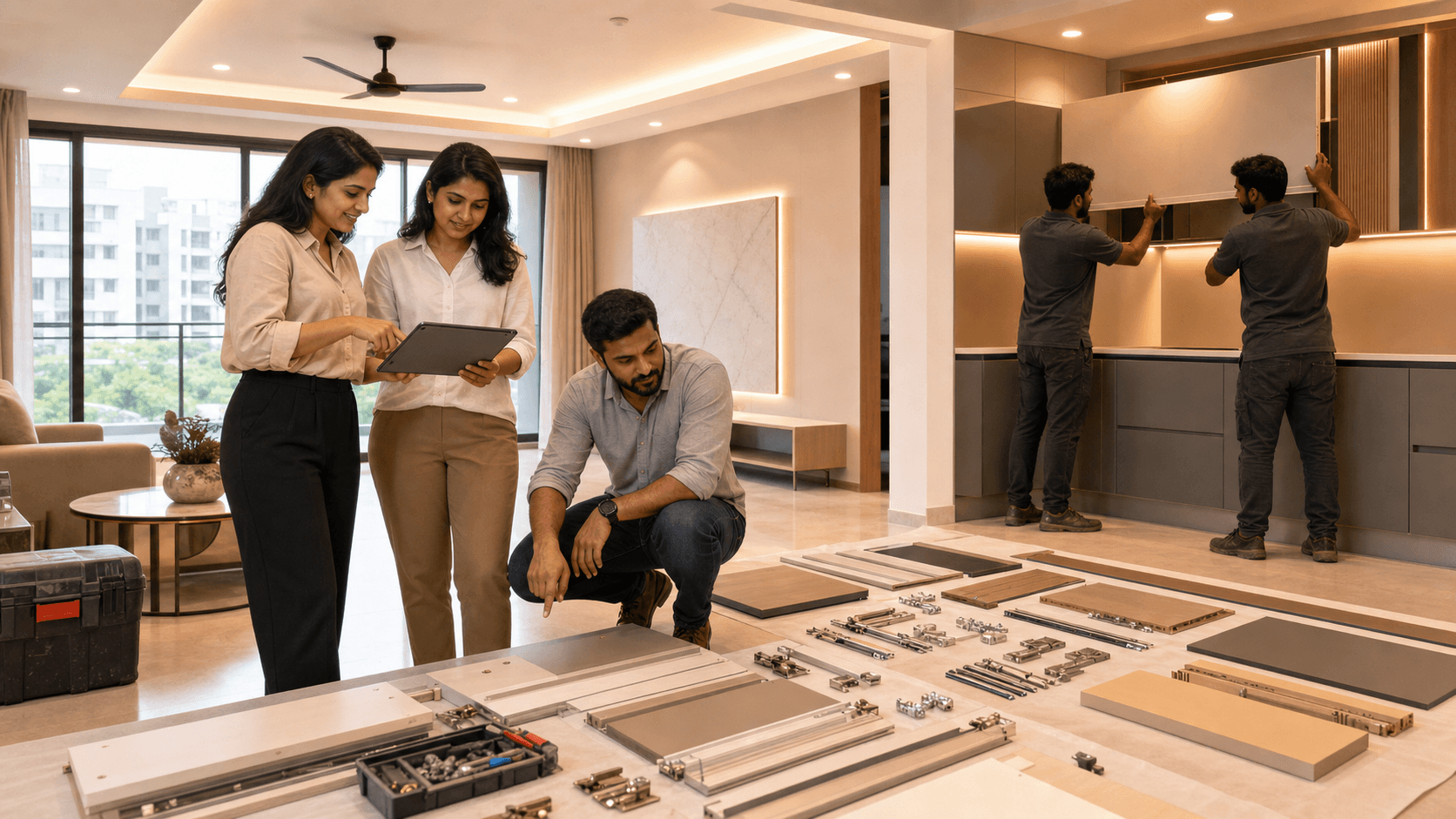 Modern Chennai apartment living room with neutral tones, modular sofa, wood accents, and warm ambient lighting
