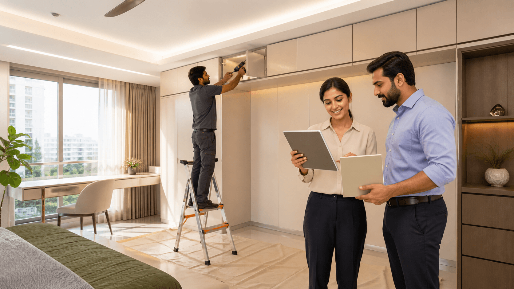 Modern Chennai apartment with white loft cabinets, ladder, and warm recessed lighting above a tidy living room.