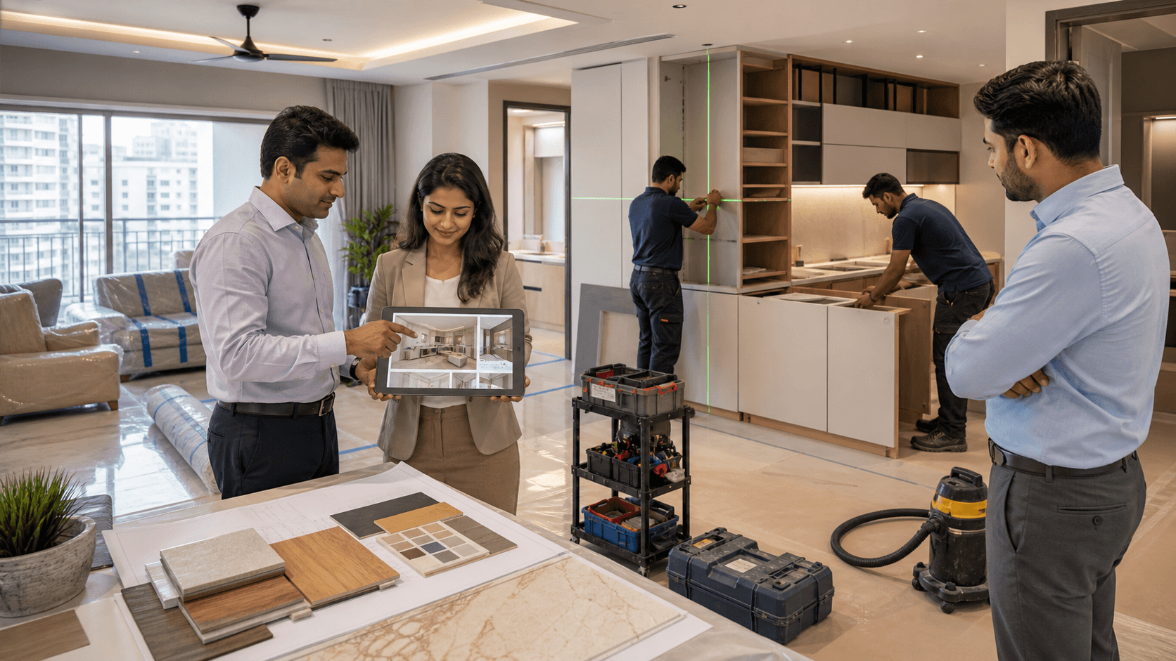 Modern Chennai living room renovation scene with blueprints on a table, warm lighting, and workers in the background